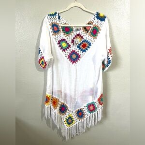Boho Granny Square Crochet Fringe Tunic Cover Up White India Boutique OS NWT